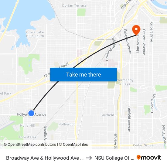 Broadway Ave & Hollywood Ave (Southbound) to NSU College Of Nursing map