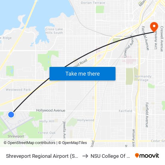 Shreveport Regional Airport (Southbound) to NSU College Of Nursing map