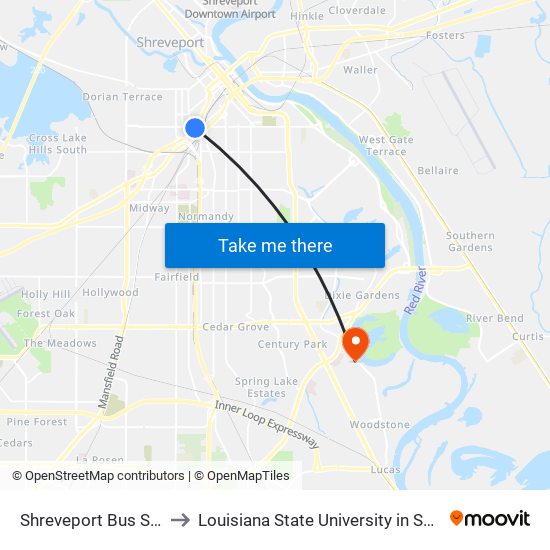 Shreveport Bus Station to Louisiana State University in Shreveport map