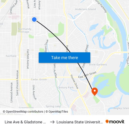 Line Ave & Gladstone Blvd (Inbound) to Louisiana State University in Shreveport map