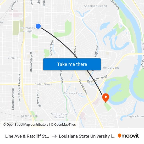 Line Ave & Ratcliff St (Inbound) to Louisiana State University in Shreveport map