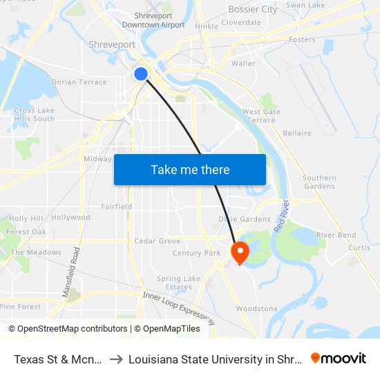 Texas St & Mcneil St to Louisiana State University in Shreveport map