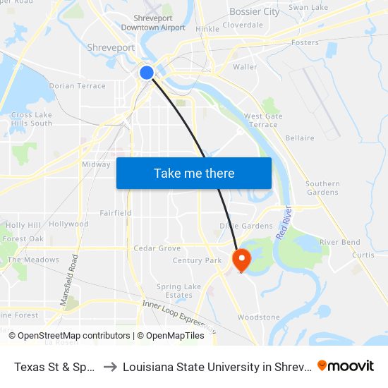 Texas St & Spring St to Louisiana State University in Shreveport map