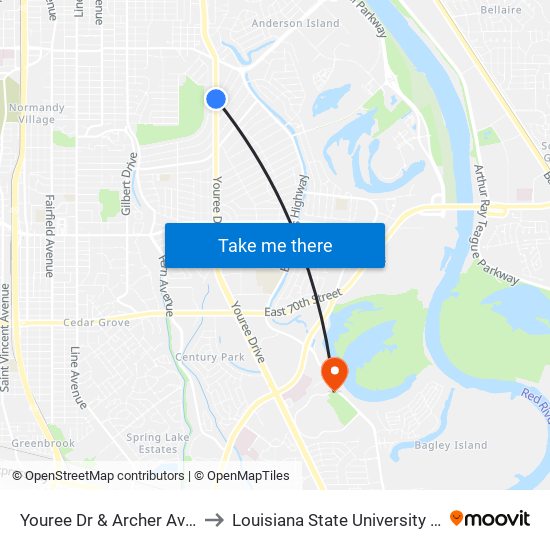 Youree Dr  & Archer Ave (Inbound) to Louisiana State University in Shreveport map