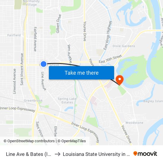 Line Ave & Bates (Inbound) to Louisiana State University in Shreveport map