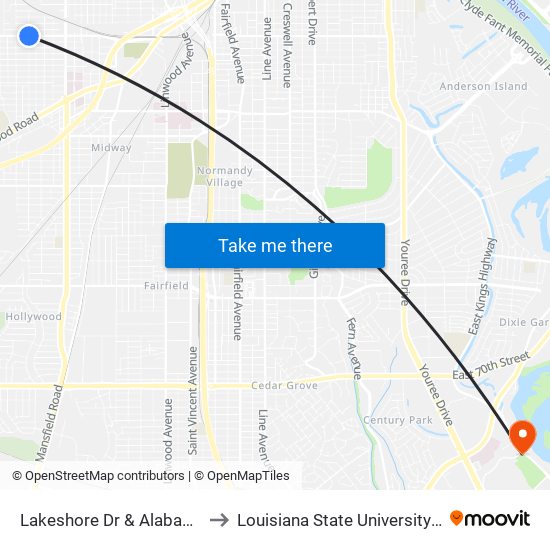 Lakeshore Dr & Alabama (Inbound) to Louisiana State University in Shreveport map