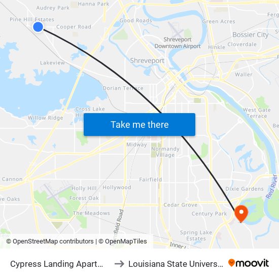 Cypress Landing Apartments (Outbound) to Louisiana State University in Shreveport map