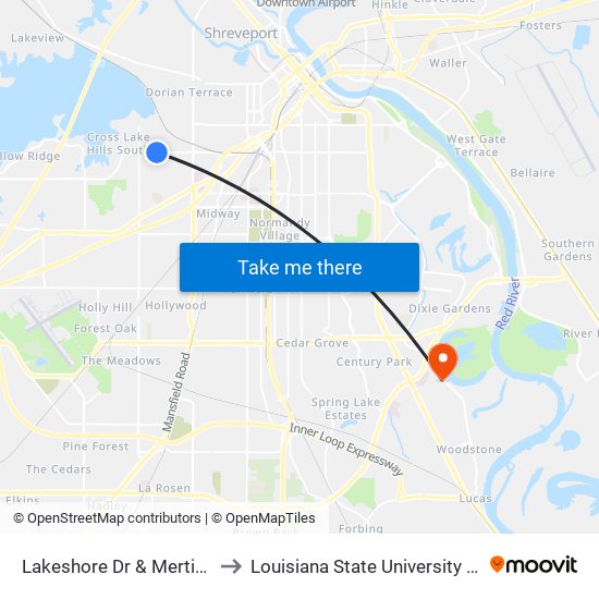 Lakeshore Dr & Mertis (Inbound) to Louisiana State University in Shreveport map