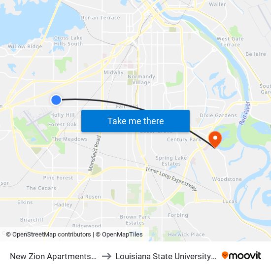 New Zion Apartments (Outbound) to Louisiana State University in Shreveport map