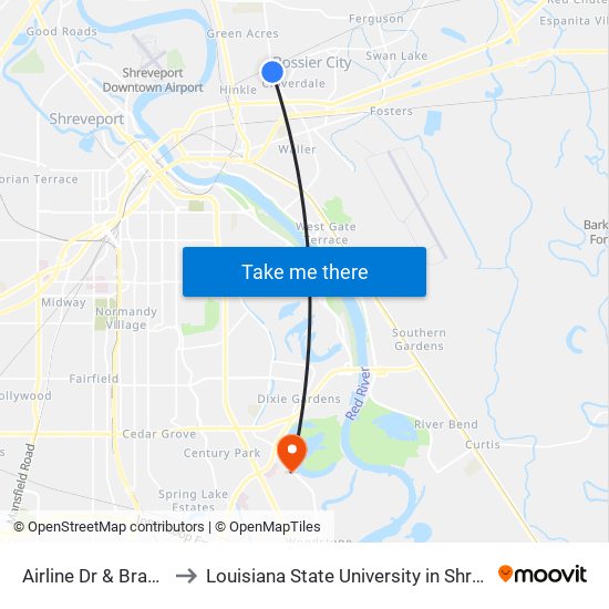 Airline Dr & Bragg St to Louisiana State University in Shreveport map