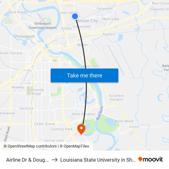 Airline Dr & Douglas Dr to Louisiana State University in Shreveport map