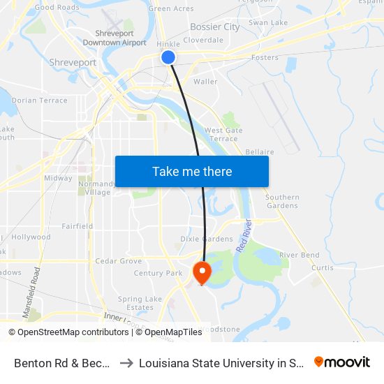 Benton Rd & Beckett St to Louisiana State University in Shreveport map