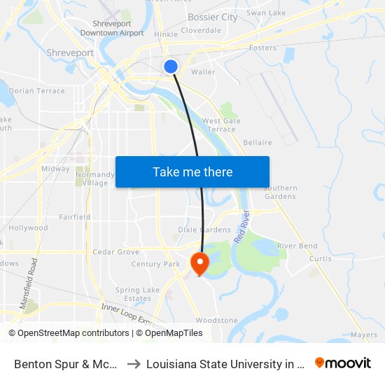 Benton Spur & Mcdonalds to Louisiana State University in Shreveport map