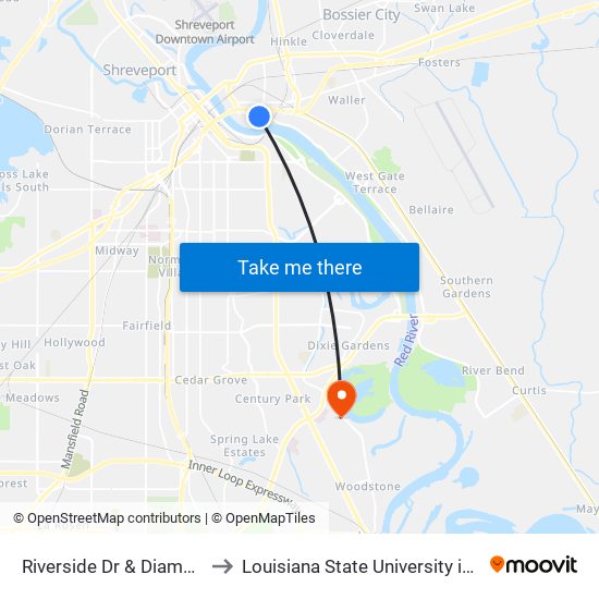Riverside Dr & Diamond Jacks to Louisiana State University in Shreveport map