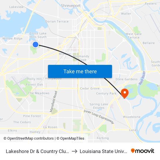 Lakeshore Dr & Country Club Apts Stop 1 (Inbound) to Louisiana State University in Shreveport map