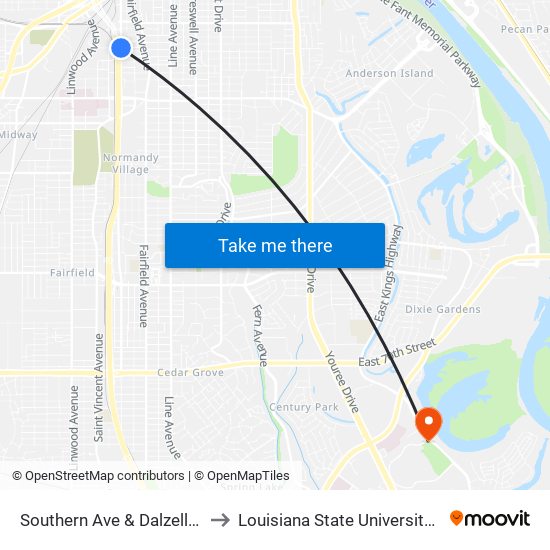 Southern Ave & Dalzell St (Inbound) to Louisiana State University in Shreveport map