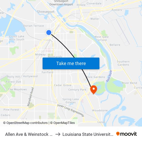 Allen Ave & Weinstock St (Outbound) to Louisiana State University in Shreveport map