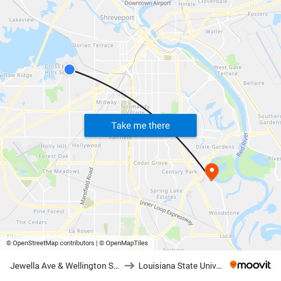 Jewella Ave & Wellington Square Apts (Outbound) to Louisiana State University in Shreveport map