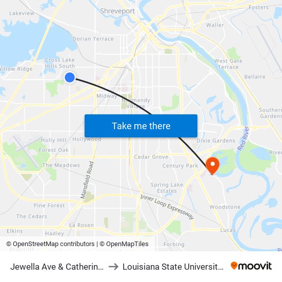 Jewella Ave & Catherine (Outbound) to Louisiana State University in Shreveport map