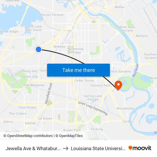 Jewella Ave & Whataburger (Outbound) to Louisiana State University in Shreveport map