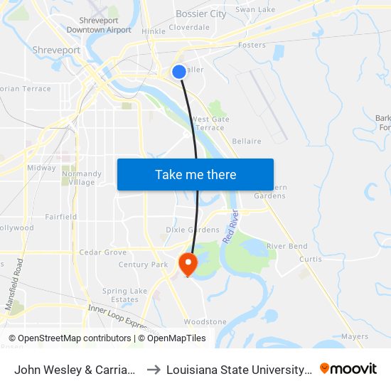 John Wesley & Carriage Square Dr to Louisiana State University in Shreveport map