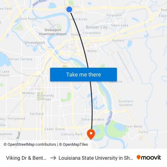 Viking Dr & Benton Rd to Louisiana State University in Shreveport map