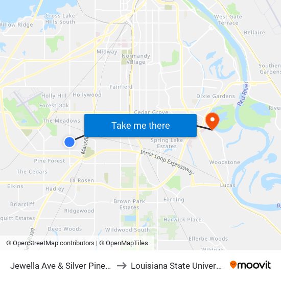 Jewella Ave & Silver Pines Blvd (Outbound) to Louisiana State University in Shreveport map