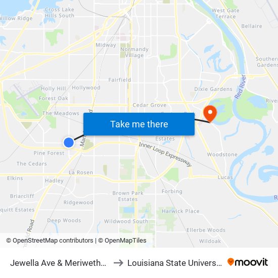 Jewella Ave & Meriwether Rd (Outbound) to Louisiana State University in Shreveport map