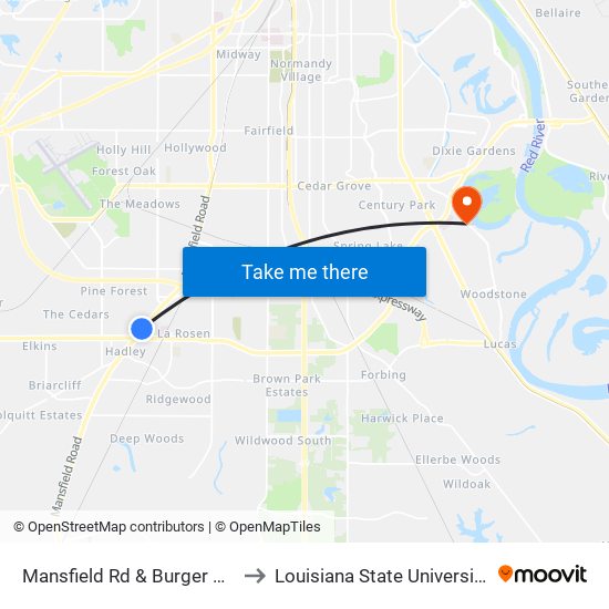 Mansfield Rd & Burger King (Outbound) to Louisiana State University in Shreveport map
