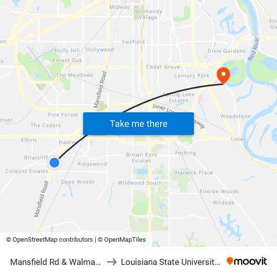 Mansfield Rd & Walmart (Outbound) to Louisiana State University in Shreveport map