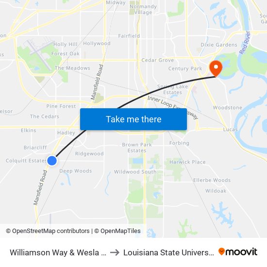 Williamson Way & Wesla Bank (Outbound) to Louisiana State University in Shreveport map