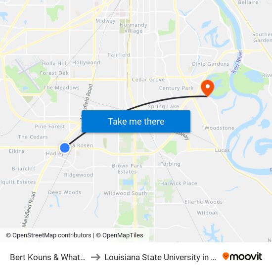 Bert Kouns & Whataburger to Louisiana State University in Shreveport map