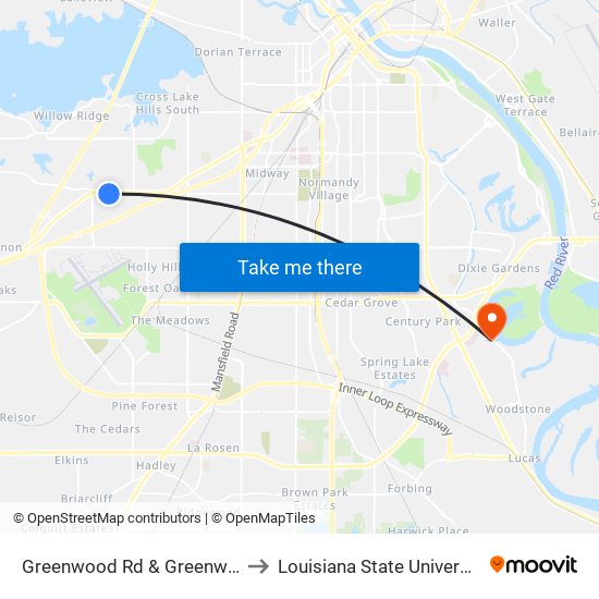 Greenwood Rd & Greenwood Ln (Inbound) to Louisiana State University in Shreveport map