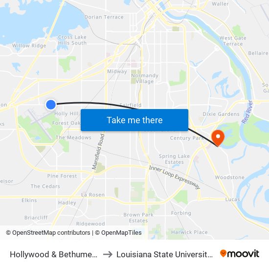 Hollywood & Bethume Dr (Inbound) to Louisiana State University in Shreveport map