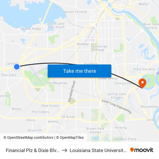 Financial Plz & Dixie Blvd (Outbound) to Louisiana State University in Shreveport map