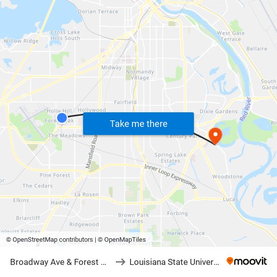 Broadway Ave & Forest Oak Cir (Outbound) to Louisiana State University in Shreveport map