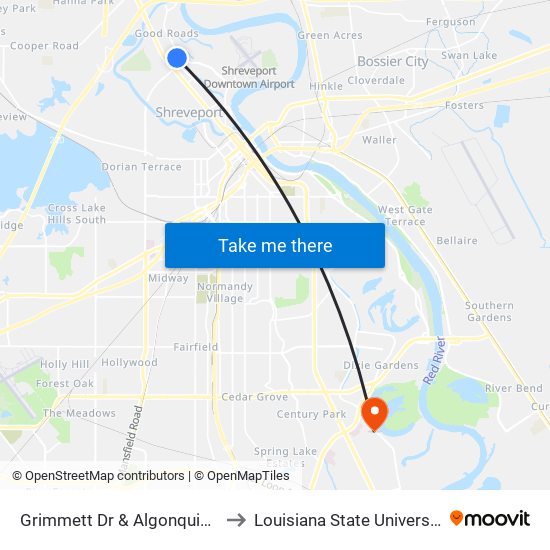 Grimmett Dr & Algonquin Trail (Outbound) to Louisiana State University in Shreveport map