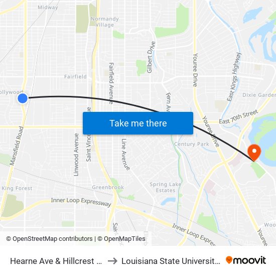 Hearne Ave & Hillcrest Ave (Inbound) to Louisiana State University in Shreveport map