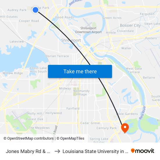 Jones Mabry Rd & Hanna St to Louisiana State University in Shreveport map