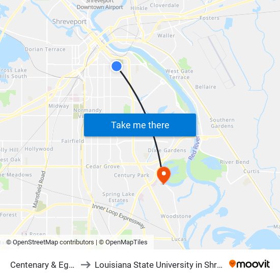 Centenary & Egan St to Louisiana State University in Shreveport map