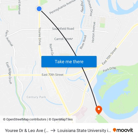 Youree Dr & Leo Ave (Outbound) to Louisiana State University in Shreveport map