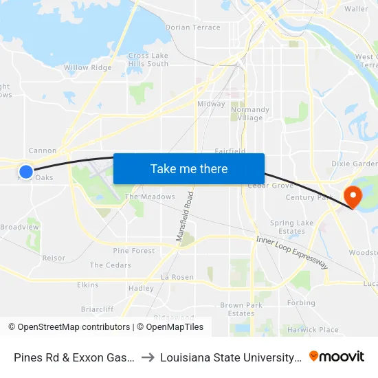 Pines Rd & Exxon Gas (Outbound) to Louisiana State University in Shreveport map