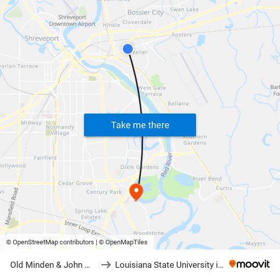 Old Minden & John Wesley Blvd to Louisiana State University in Shreveport map