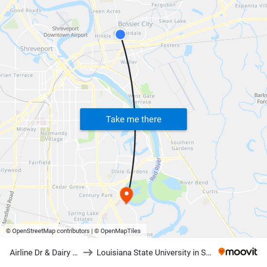 Airline Dr & Dairy Queen to Louisiana State University in Shreveport map