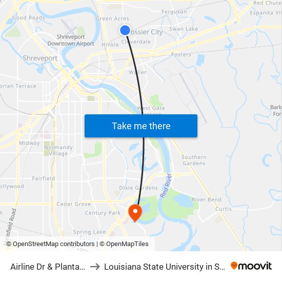 Airline Dr & Plantation Dr to Louisiana State University in Shreveport map