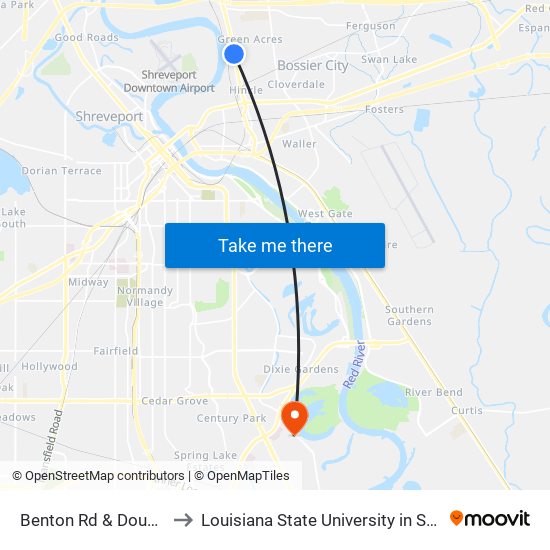 Benton Rd & Douglas Dr to Louisiana State University in Shreveport map