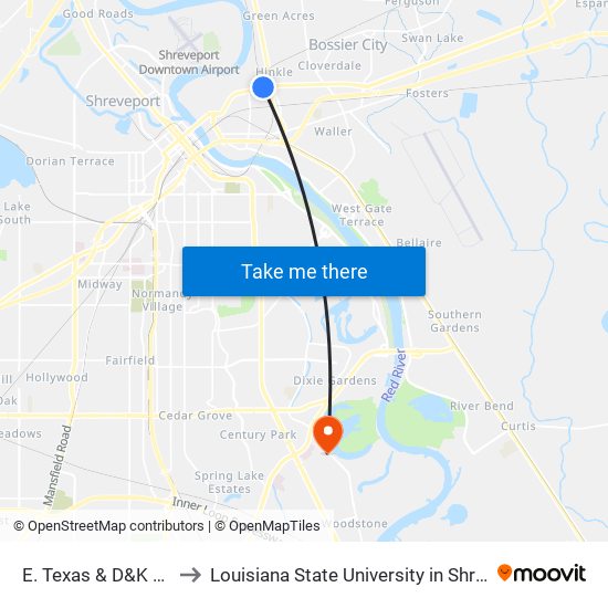 E. Texas & D&K Plaza to Louisiana State University in Shreveport map