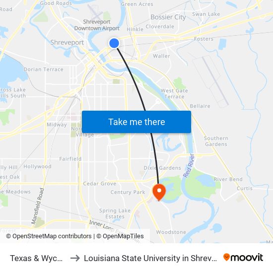 Texas & Wych St to Louisiana State University in Shreveport map