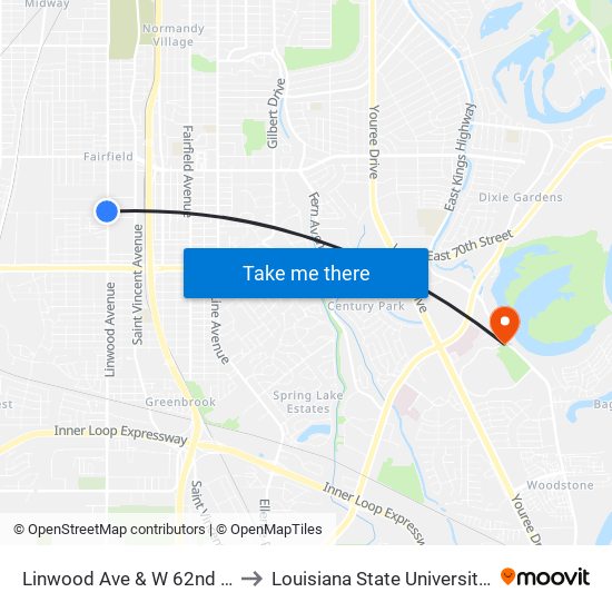 Linwood Ave & W 62nd St (Outbound) to Louisiana State University in Shreveport map