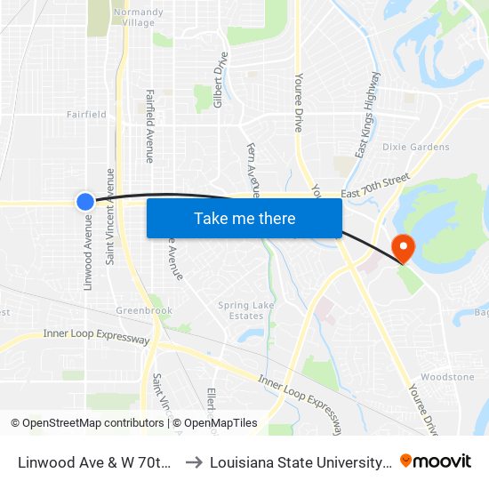 Linwood Ave & W 70th (Outbound) to Louisiana State University in Shreveport map